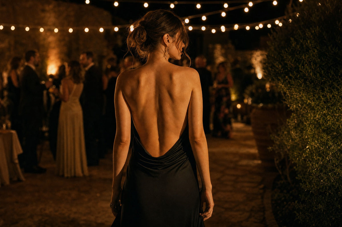 Woman in a black backless evening gown seen from behind at a night event