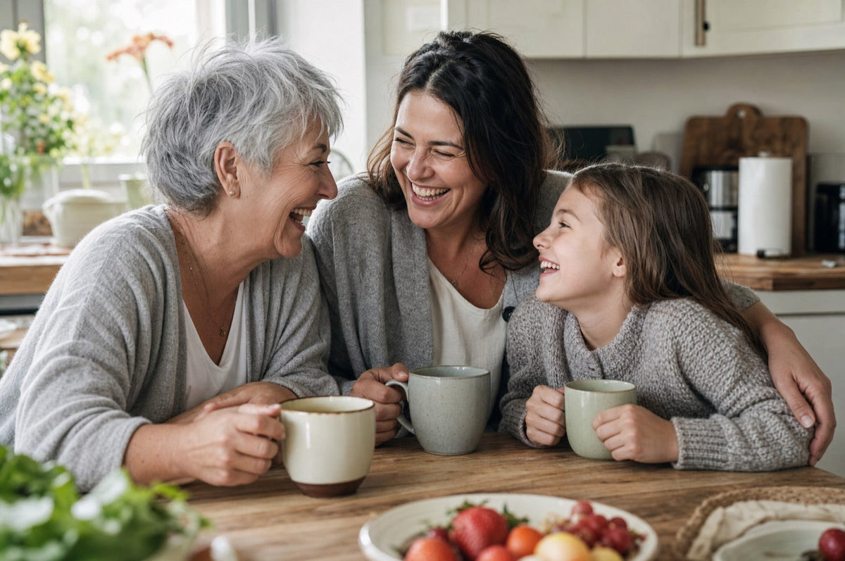 Three generations of women laughing together at a kitchen table