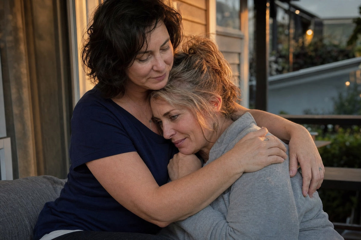 Two women hugging on a porch in warm evening light
