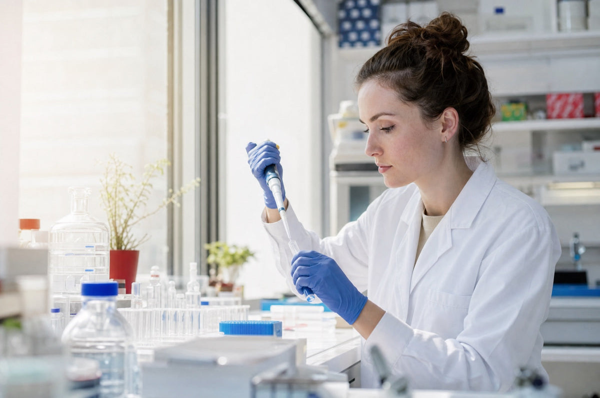 Scientist with a pipette in a bright laboratory