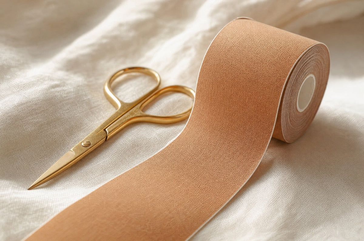 Close-up of a roll of skin-tone body tape on linen with scissors