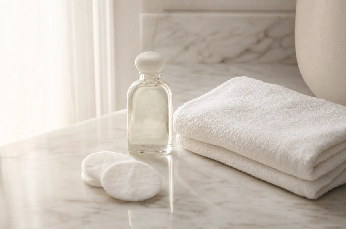 Baby oil, cotton pads and a towel on a marble counter