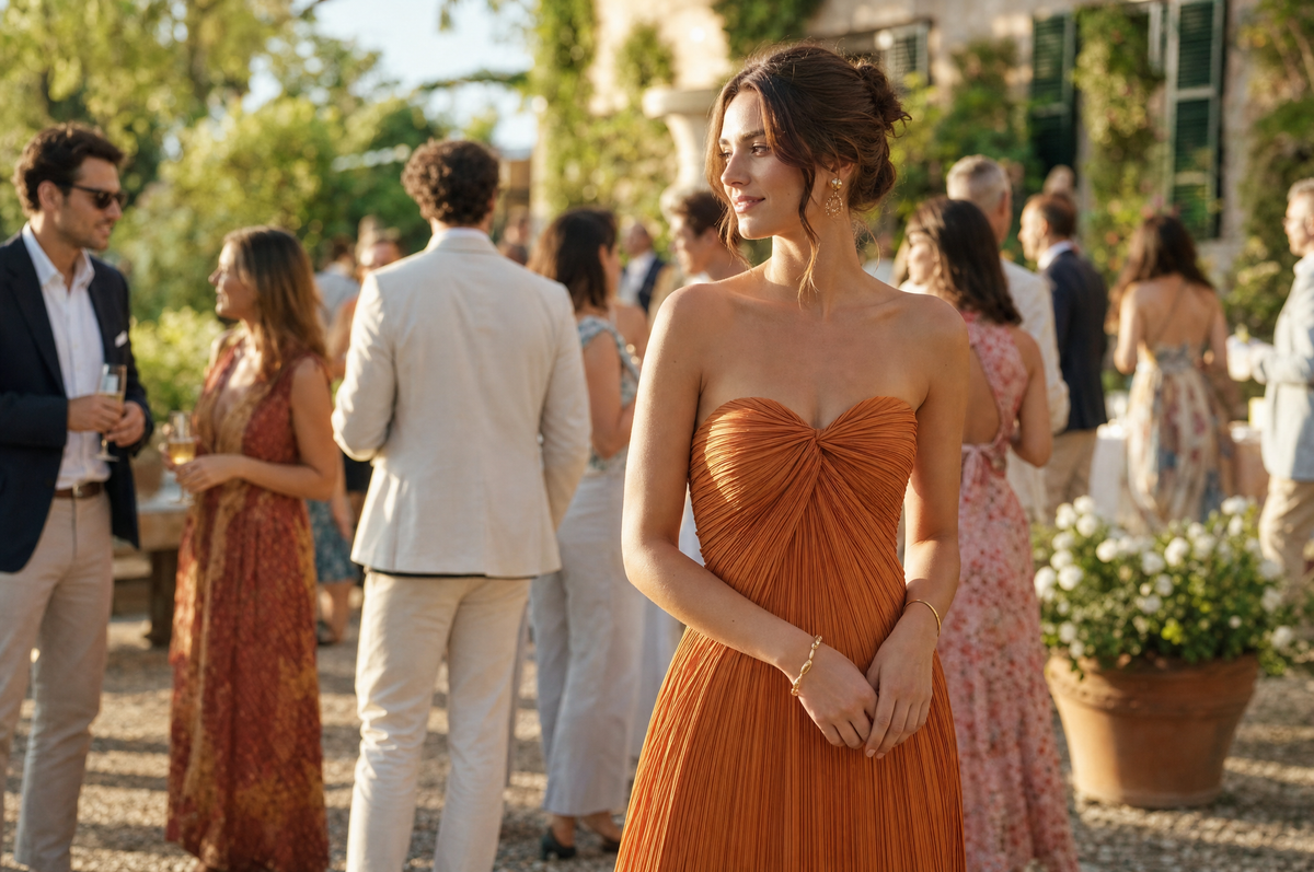 Woman in a strapless midi dress at a garden party