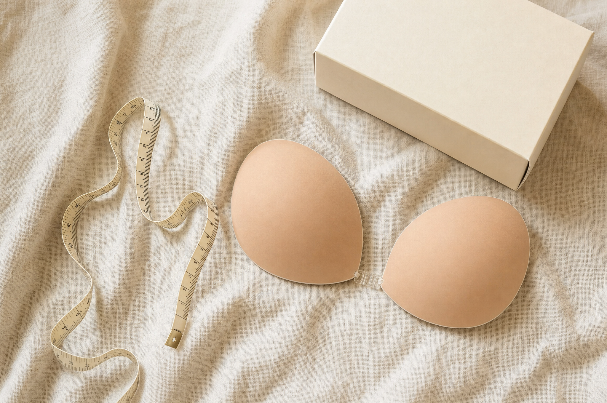 Measuring tape beside two nude adhesive bra cups on cream linen