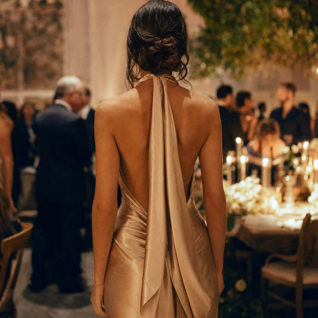 Backless wedding-guest dress held with Body Tape