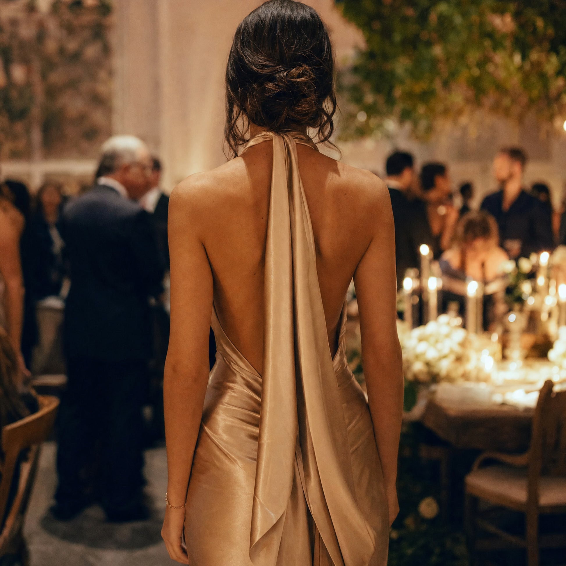Backless wedding-guest dress held with Body Tape